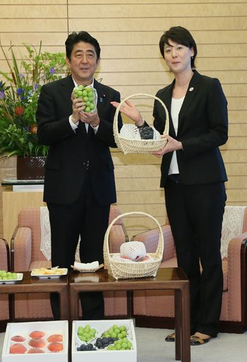 安倍总理在总理大臣官邸接受了山梨县水果宣传活动一行的拜访。