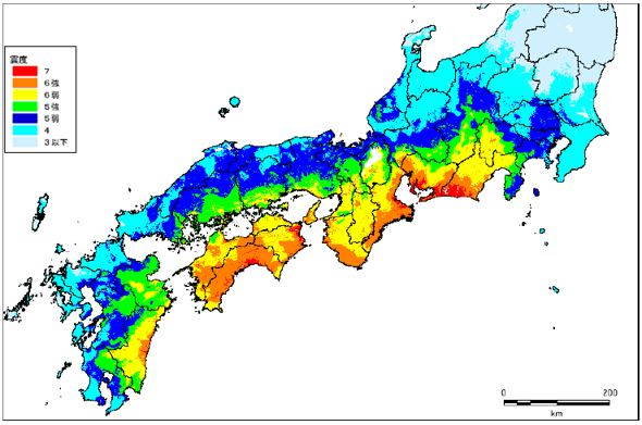 南海トラフ巨大地震の震度分布:陸側ケース